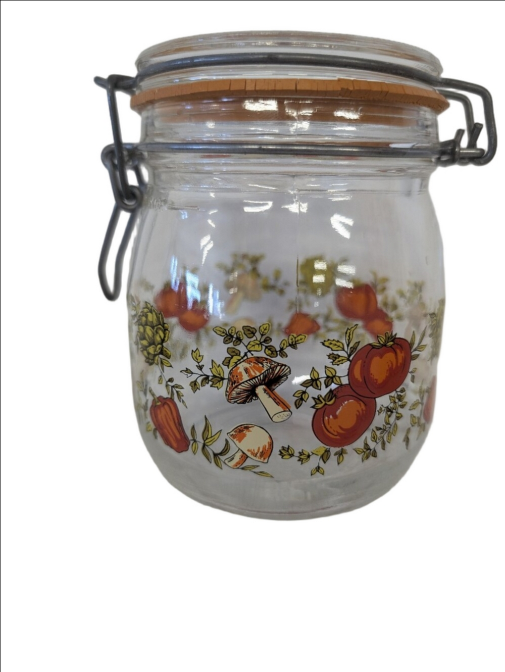 Vintage Storage Glass Jar with Orange Fruit & Mushroom Motif